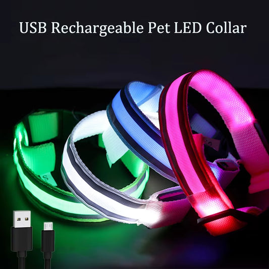 USB Rechargeable/Button Battery Dog Collar Light Luminous Flashing Glowing Nylon Reflective LED Dog Collar Night Safety for Cats